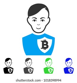 Enjoy Bitcoin Police Officer vector pictograph. Vector illustration style is a flat iconic bitcoin police officer symbol with gray, black, blue, green color variants. Person face has gladness feeling.