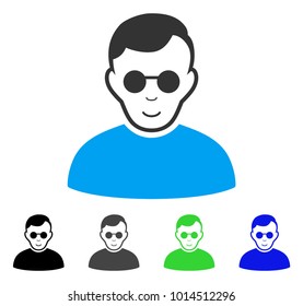 Enjoy Blind Man Vector Pictograph. Vector Illustration Style Is A Flat Iconic Blind Man Symbol With Gray, Black, Blue, Green Color Versions. Person Face Has Glad Sentiment.