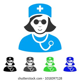 Enjoy Blind Nurse vector icon. Vector illustration style is a flat iconic blind nurse symbol with grey, black, blue, green color variants. Human face has cheerful mood.