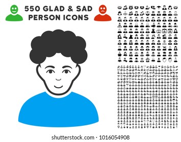Enjoy Brunet Man vector pictogram with 550 bonus sad and happy person clip art. Human face has enjoy emotions. Bonus style is flat black iconic symbols.