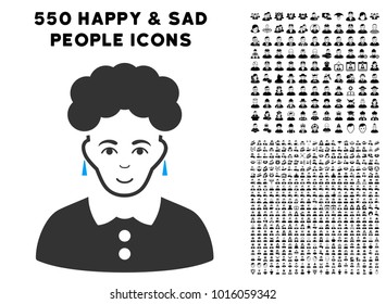 Enjoy Brunette Woman vector pictograph with 550 bonus pitiful and happy men design elements. Human face has joy emotions. Bonus style is flat black iconic symbols.