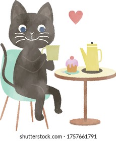 Enjoy Cafe time at home, a cat is enjoying a relaxing time alone