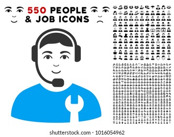 Enjoy Call Center Serviceman vector icon with 550 bonus pity and happy men symbols. Person face has positive emotions. Bonus style is flat black iconic symbols.