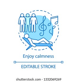 Enjoy calmness concept icon. Serenity idea thin line illustration. Rest, relax. Hobby, listening to music. Friendly communication. Emotion control. Vector isolated outline drawing. Editable stroke