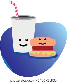 Enjoy a cheerful meal with a smiling burger and refreshing beverage in this vibrant vector illustration. Perfect for fast food lovers! Satisfaction guaranteed.