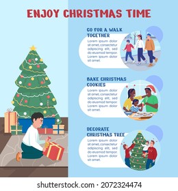 Enjoy Christmas time flat color vector infographic template. Winter festive holidays. Poster with text, PPT page concept design with cartoon characters. Creative data visualization. Info banner idea