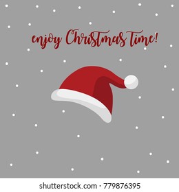 Enjoy Christmas time. Santa hat on snow background. Vector flat style illustration for greeting card, banner or social media.