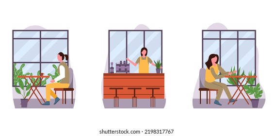 Disfrutar del café en la cafetería de diseño plano ilustración del paquete