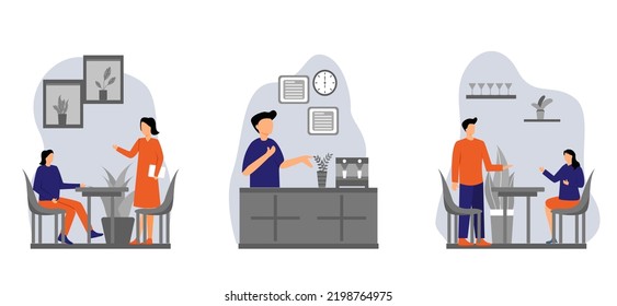 Enjoy coffee at cafe flat design bundle illustration