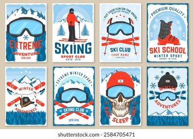 Enjoy the cold. Vector ski club retro flyer, poster, banner with mountain, ski glasses, skull skeleton, ski, helmet, ski boot. Family vacation, activity or travel.