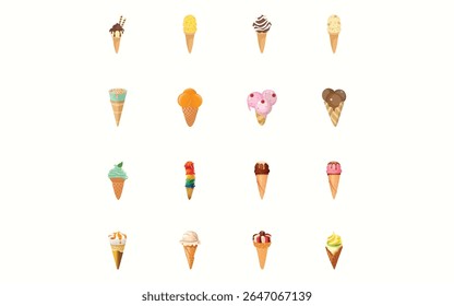 Desfrute de cones coloridos de sorvete com vários sabores! Delicie-se com chocolate, baunilha, frutas e muito mais. Prazer perfeito para o verão. #IceCream #Dessert #SummerTreat #Foodie #Yummy