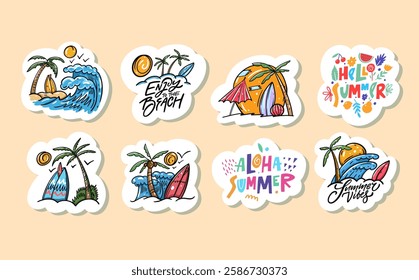 Enjoy colorful summer set art stickers beaches, playful waves, and vibrant tropical elements