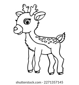 Enjoy coloring our hand-drawn black and white page featuring a cute baby deer, perfect for a coloring book. Vector illustration.