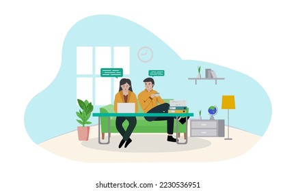 Disfruta de la ilustración vectorial plana de trabajo en equipo de Office de conversión. Empresario, empresario con asistentes personales aisló personajes de caricatura. Trabajo de oficina, concepto de gestión de proyectos