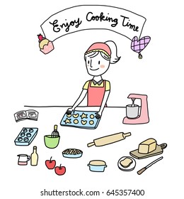 Enjoy cooking time concept with cute woman baking cookies. Several cooking tools are placed on table such as stand mixer, rolling pin, baking tray,  muffin tin, loaf tin, mixing bowl with whisk, etc. 