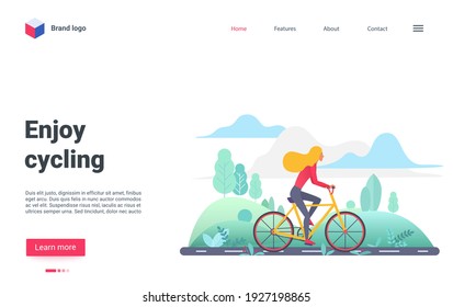 Enjoy cycling vector illustration. Cartoon cyclist riding bicycle on asphalt road in nature summer landscape, enjoying bike ride open air, eco transportation and healthy sports activity landing page