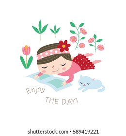 Enjoy the day! Greeting card in vector. Spring and summer child's outdoor activities. Happy childhood. 