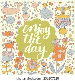 Enjoy the day - stunning conceptual card. Sweet summer background with owl, whale, horse, fairies, birds, clouds, rabbit and hearts in vector