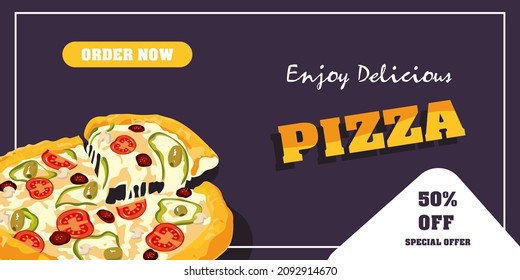 disfrute de un delicioso vector de banner de pizza. concepto de pancarta de comida. vector de pasos