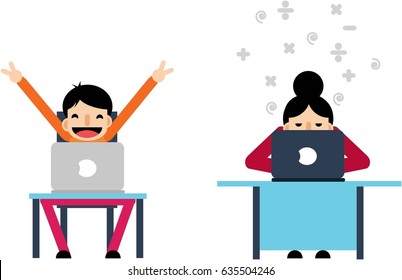 enjoy and depress busy life working freelance computer success business man and financial accounting woman with lab top notebook on white background