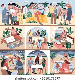 Enjoy diverse hotel holiday experiences through this vibrant illustration set showcasing activities like dining, leisure, and sight-seeing in a tropical destination.