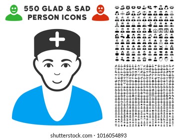 Enjoy Doctor vector pictograph with 550 bonus pitiful and happy user pictograms. Person face has glad emotions. Bonus style is flat black iconic symbols.