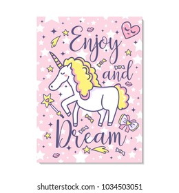Enjoy and dreams. Vector poster with cute unicorn, hearts, bow, stars, lips, candy. Magical card. Vector illustration.