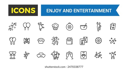 Disfrutar y Entretenimiento icono colección. colección de iconos de línea fina de Vector. Icono de Vector editable e ilustración.