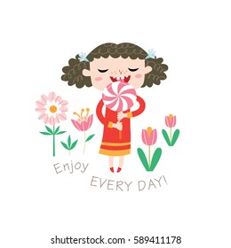 Enjoy every day! Greeting card in vector. Spring and summer child's outdoor activities. Happy childhood. 