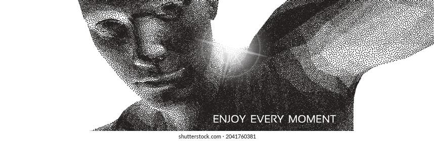 Enjoy every moment. Close up portrait of a man taking selfie. I found it. I see you. Abstract man head made from dots. 3D vector illustration.