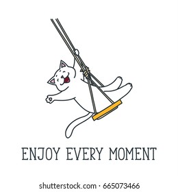 Enjoy every moment. Doodle vector illustration of funny white cat swinging on a rope swing