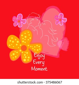 Enjoy every moment. Hand drawn romantic young couple with flower and heart.