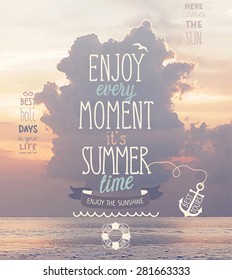 Enjoy every moment poster with sunset sea background.