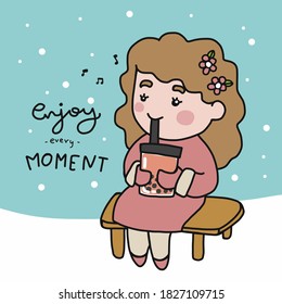 Enjoy every moment , woman drink  bubble tea  in winter cartoon vector illustration