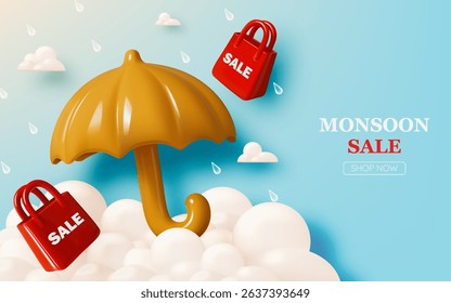 Enjoy exciting monsoon sale vibes with 3D umbrella, red shopping bags, clouds, and raindrops in vibrant colors.