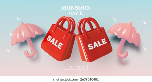 Enjoy exciting monsoon sale vibes with 3D umbrella, red shopping bags, clouds, and raindrops in vibrant colors.