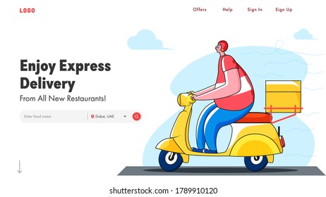 Enjoy Express Delivery Landing Page Design With Courier Boy Riding Scooter.