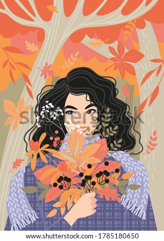 Enjoy the fall concept. A cute girl smiling and holding a bouquet of red and orange leaves on a background of an autumn forest. Illustration in flat style