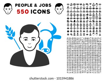 Enjoy Farmer vector pictogram with 550 bonus pitiful and glad person design elements. Human face has gladness sentiment. Bonus style is flat black iconic symbols.