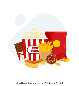 Enjoy fast food. Unhealthy nutrition. French fries, popcorn, hot dog, chocolate etc. Vector illustration in trendy flat style isolated.