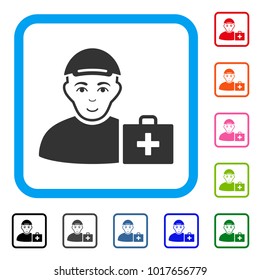 Enjoy First Aid Man vector pictogram. Human face has positive sentiment. Black, grey, green, blue, red, orange color variants of first aid man symbol in a rounded frame. A man wearing a cap.