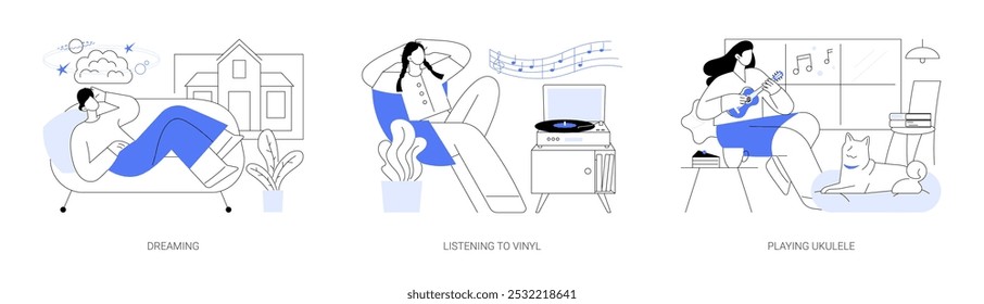 Enjoy free time isolated cartoon vector illustrations set. Young person thinking and dreaming, listening to vinyl records, playing ukulele at home, relax moments, entertainment vector cartoon.