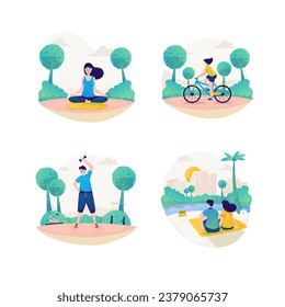 Enjoy free time workout outdoor activities illustration set