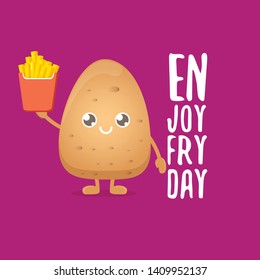 Enjoy fry day concept illustration. vector funny cartoon potato holding french fries box isolated on violet background. vegetable funky character 