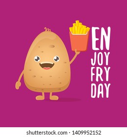 Enjoy fry day concept illustration. vector funny cartoon potato holding french fries box isolated on violet background. vegetable funky character 