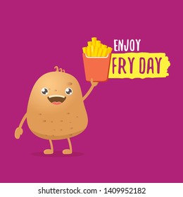 Enjoy fry day concept illustration. vector funny cartoon potato holding french fries box isolated on violet background. vegetable funky character 