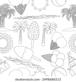 Enjoy a fun and creative summer with this detailed coloring page featuring beach scenes, ice cream, and palm trees.