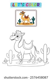 Enjoy a fun and engaging camel coloring page designed for kids, featuring a cute camel wearing glasses in a desert, this printable perfect for educational activities, home fun, and classroom projects