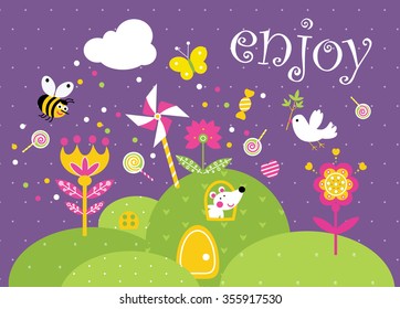 Enjoy. Good mood postcard. Funny cartoon landscape with mouse, dove and  bee. Vector