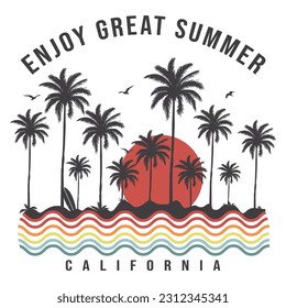 Enjoy Great Summer California Beach Waves with Palm trees vector illustration, text with a waves illustration, for t-shirt prints, posters. Summer Beach Vector illustration.